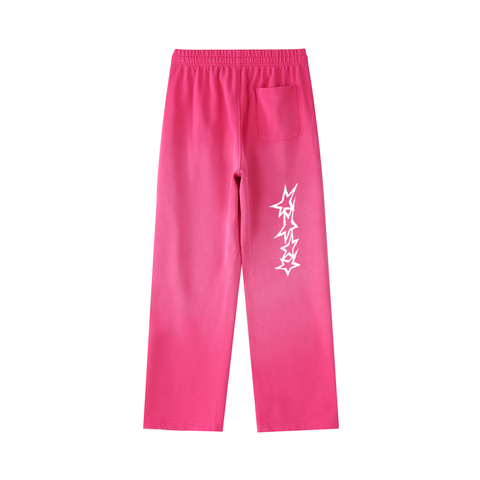 Rose Pink pants with a white logo on a white background