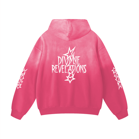 Pink hoodie with 'Divine Revelations' text and star designs on a white background