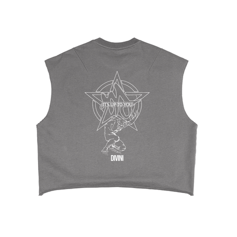 Gray sleeveless shirt with white graphic design on a white background