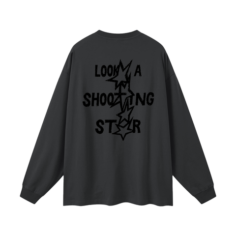Carbon Gray long-sleeve shirt with text and star graphic on a white background