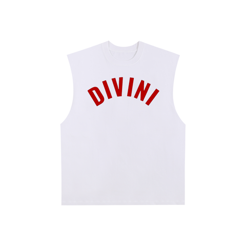 White sleeveless top with red 'DIVINI' text on a white background