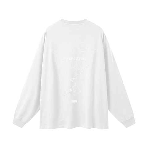 White long-sleeve shirt with text on the back against a white background