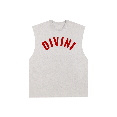 Flower Gray sleeveless shirt with red 'DIVINI' text on a white background
