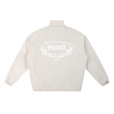 Oat gray jacket with white text and logo on a white background