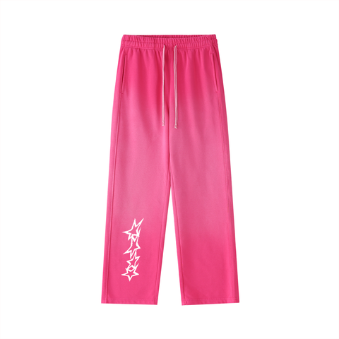 Rose Pink pants with a white logo on a white background